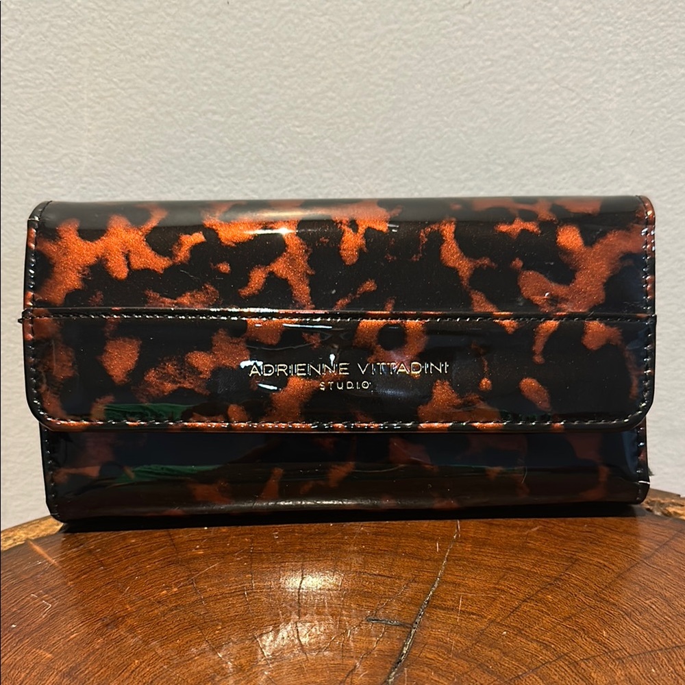 Adrienne Vittadini Tortoiseshell Patent Leather Large Wallet Clutch EUC
